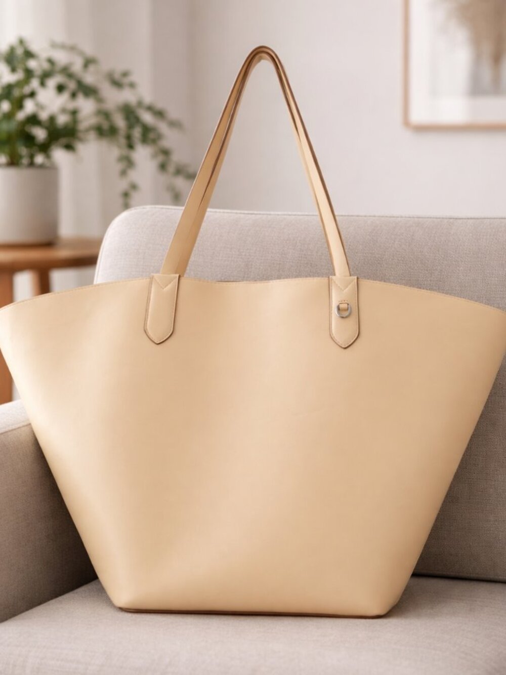 A New Day Tote Bag Beige Faux Leather Shoulder Handbag Large Beach Travel Tote